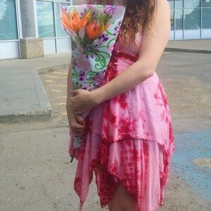 PINK & RED TIE DYE TIERED ASYMMETRICAL FAIRY LACE FAIRYCORE DRESS FREE